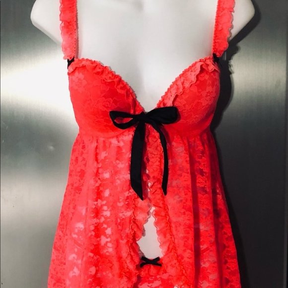 La SENZA Other - 💕La Senza Hot Coral Padded Push Up Bra Lace Babydoll Lingerie w/Panties S NWOT💕